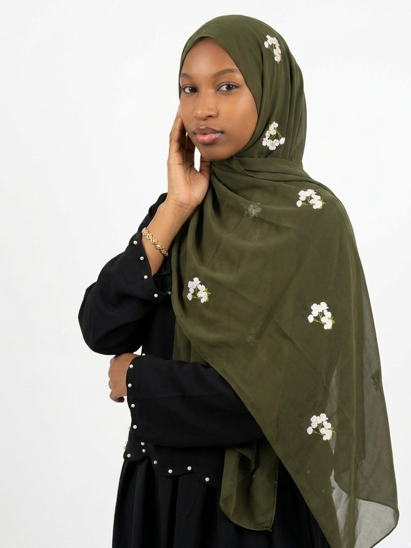 Hijab Mousseline Broderie Fleur Élan moderne
